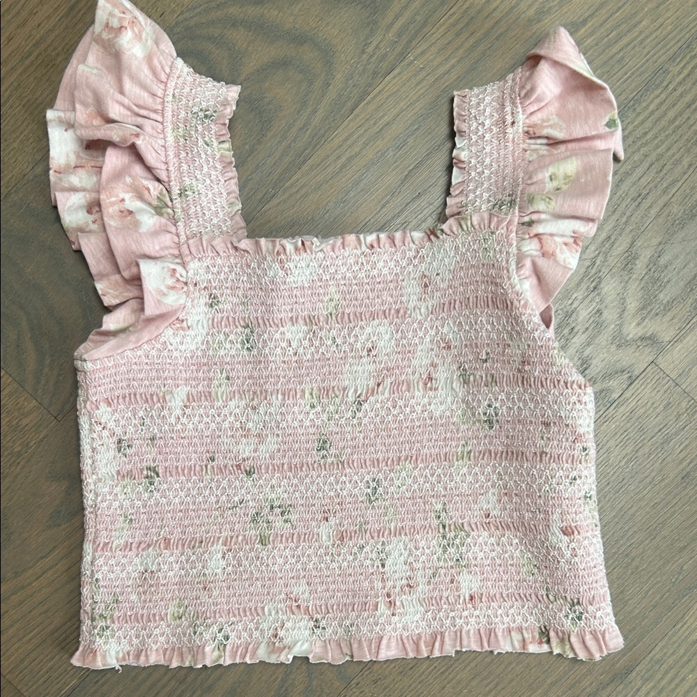 LoveShackFancy Pink Floral Ruffle Blouse